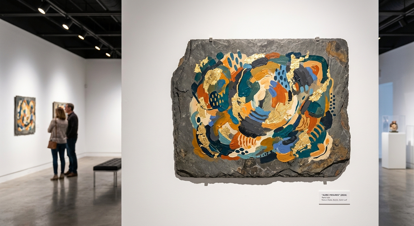 Œuvre d'art contemporain peinte sur ardoise avec accents dorés, exposée en galerie