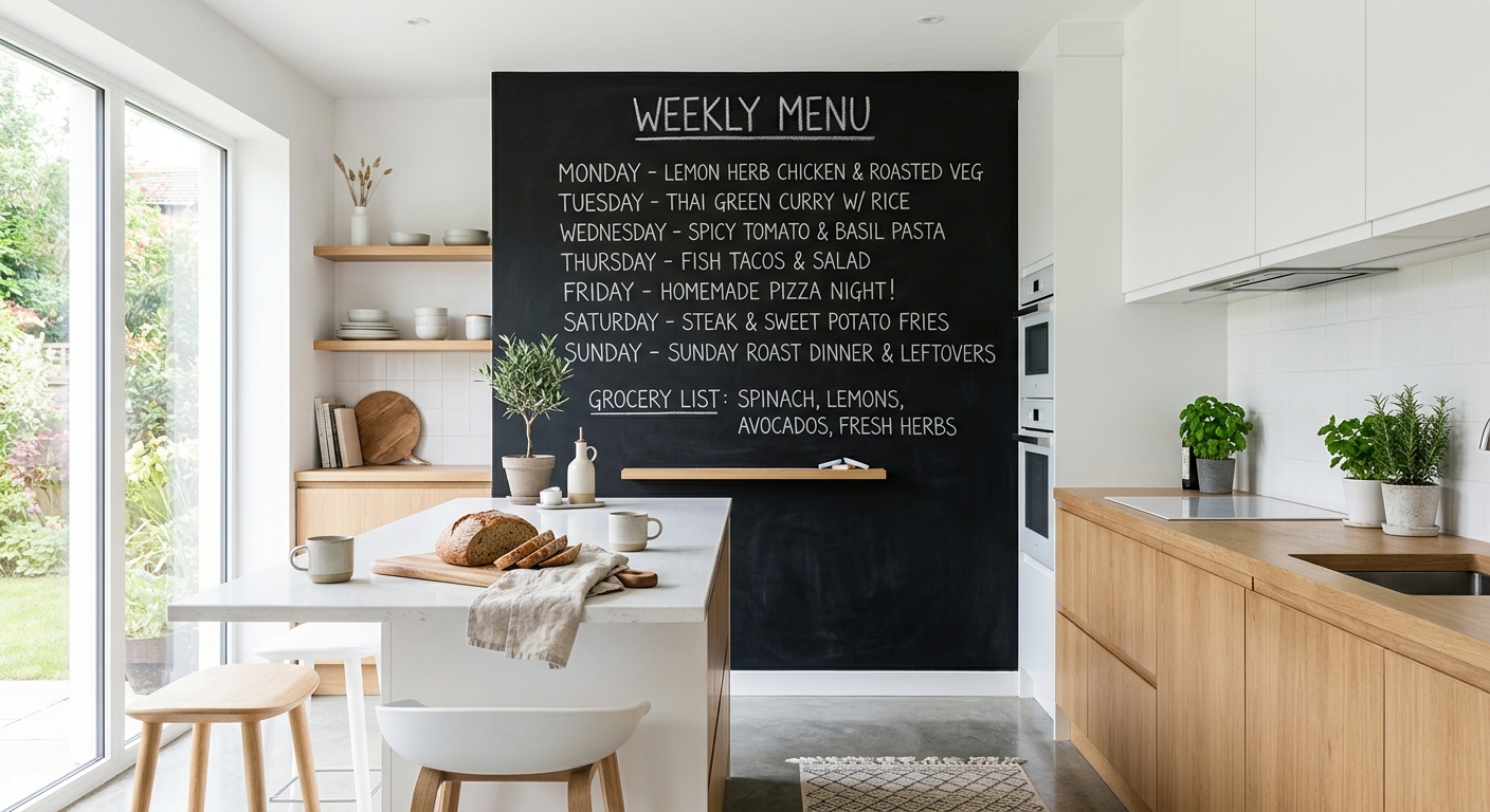 Ardoise murale dans une cuisine moderne style scandinave avec planning repas