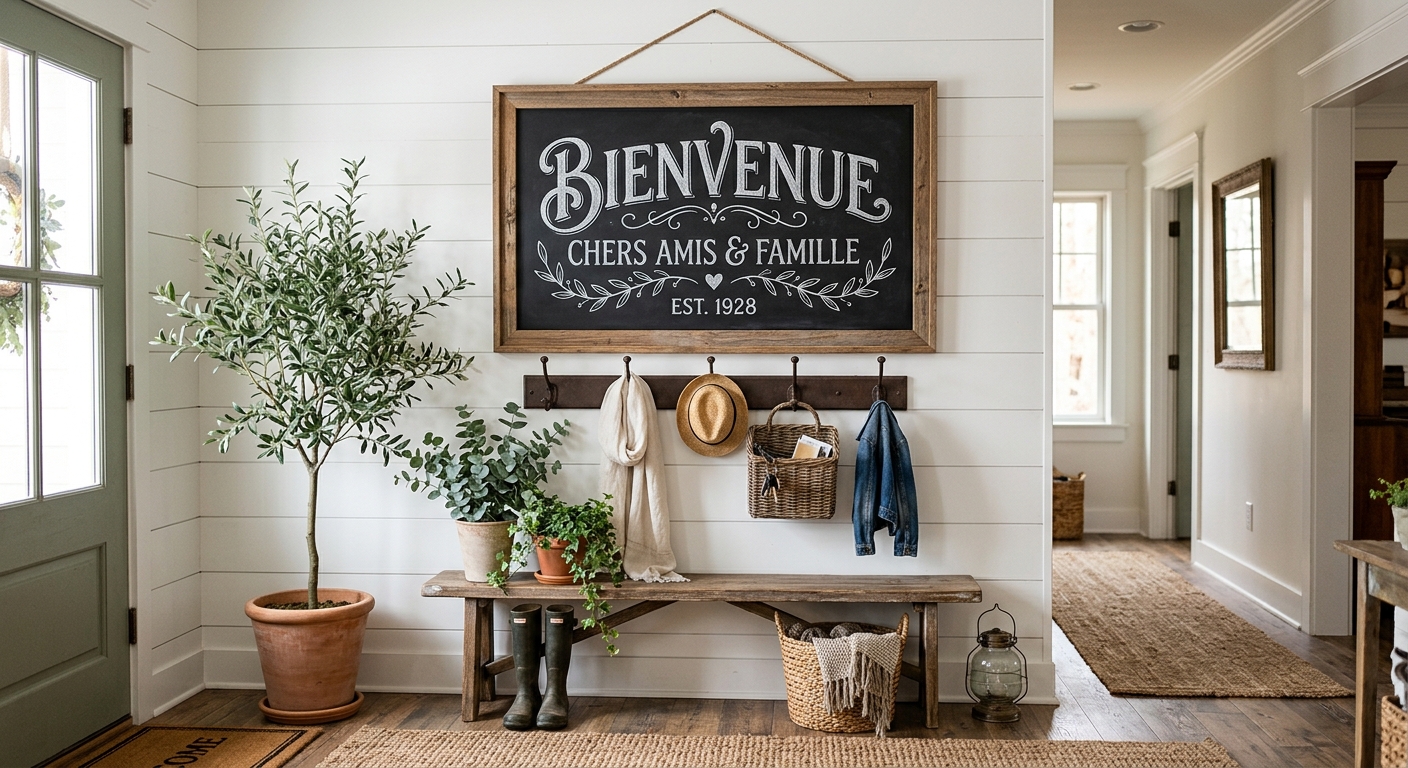 Tableau ardoise décoratif accueillant dans une entrée de maison style farmhouse