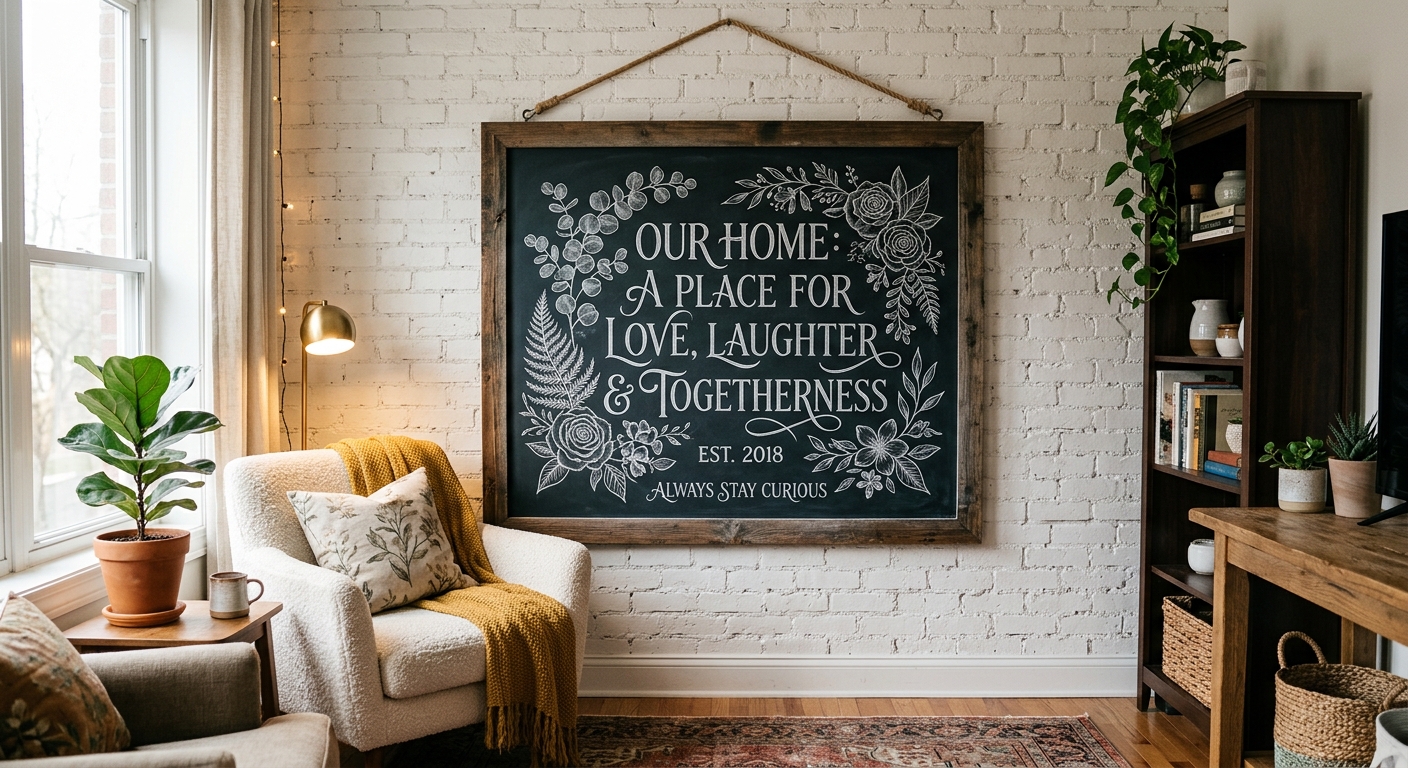 Tableau ardoise décoratif dans un intérieur contemporain avec éclairage chaleureux