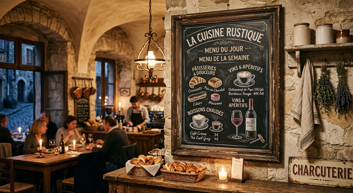 Tableau ardoise vintage dans une cuisine française avec menus manuscrits à la craie